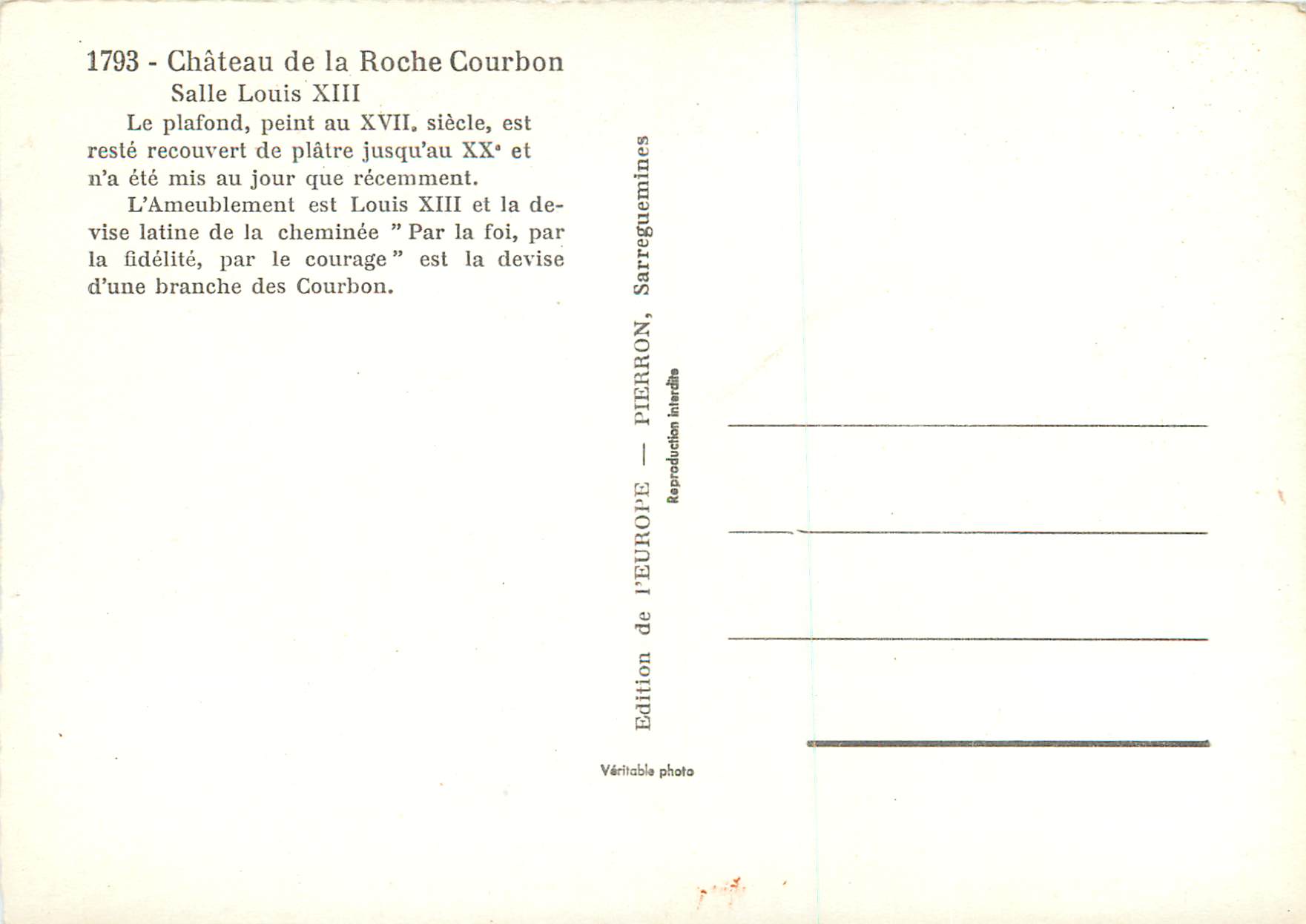 CPM Chateau de la Roche Courbon Salle Louis XIII — Rückseite