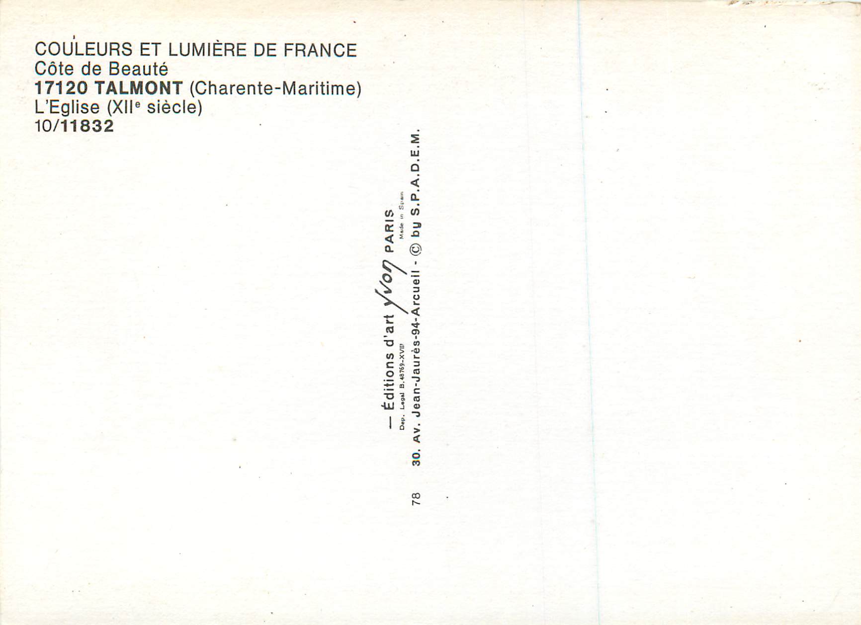 Église de Talmont — XIIe siècle — Éditions d'art Yvon — Back