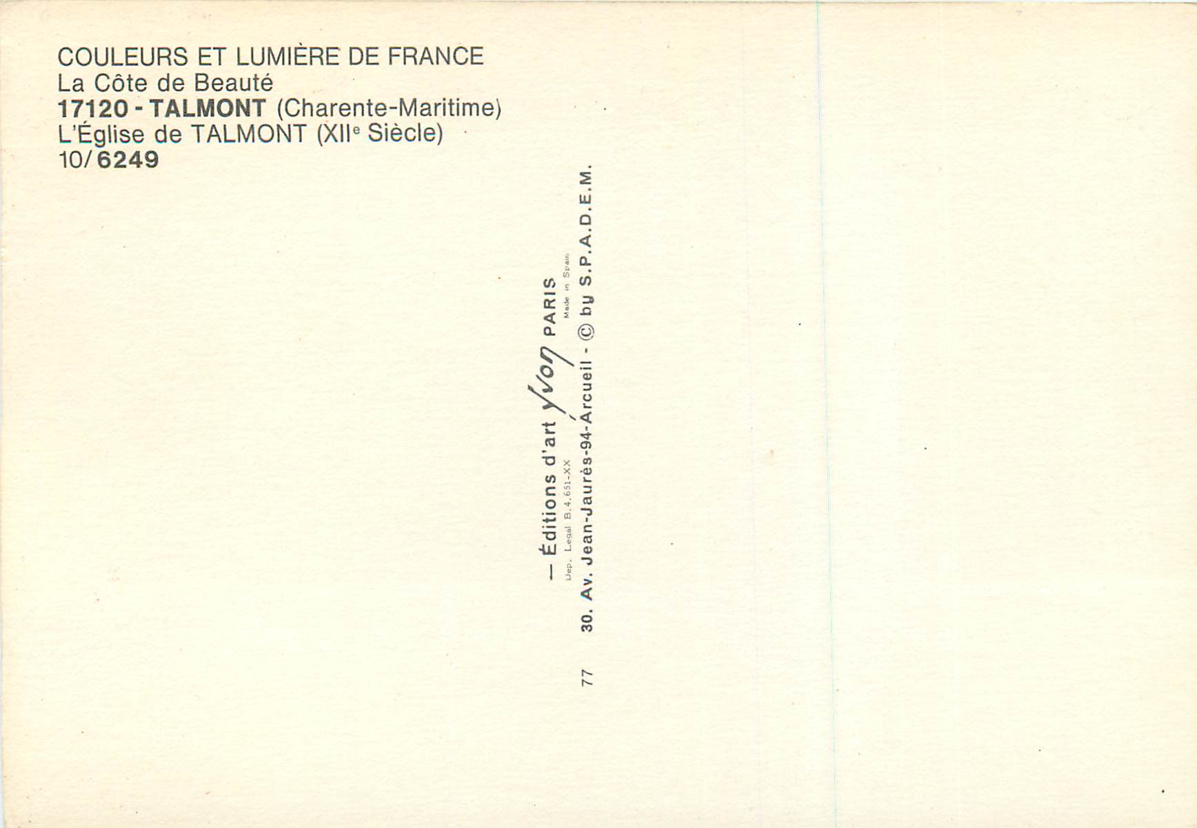 Talmont-sur-Gironde — Église du XIIe siècle — Éditions d'art Yvon — Back