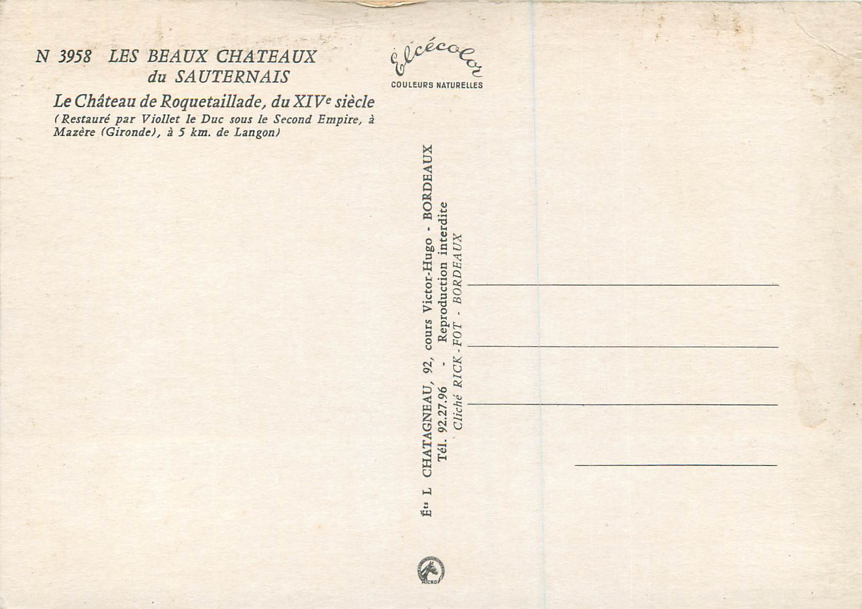 CPM Les Beaux Chateaux sur Sauternais Le Chateau de Roquetaillade du XIVe Siecle — Back