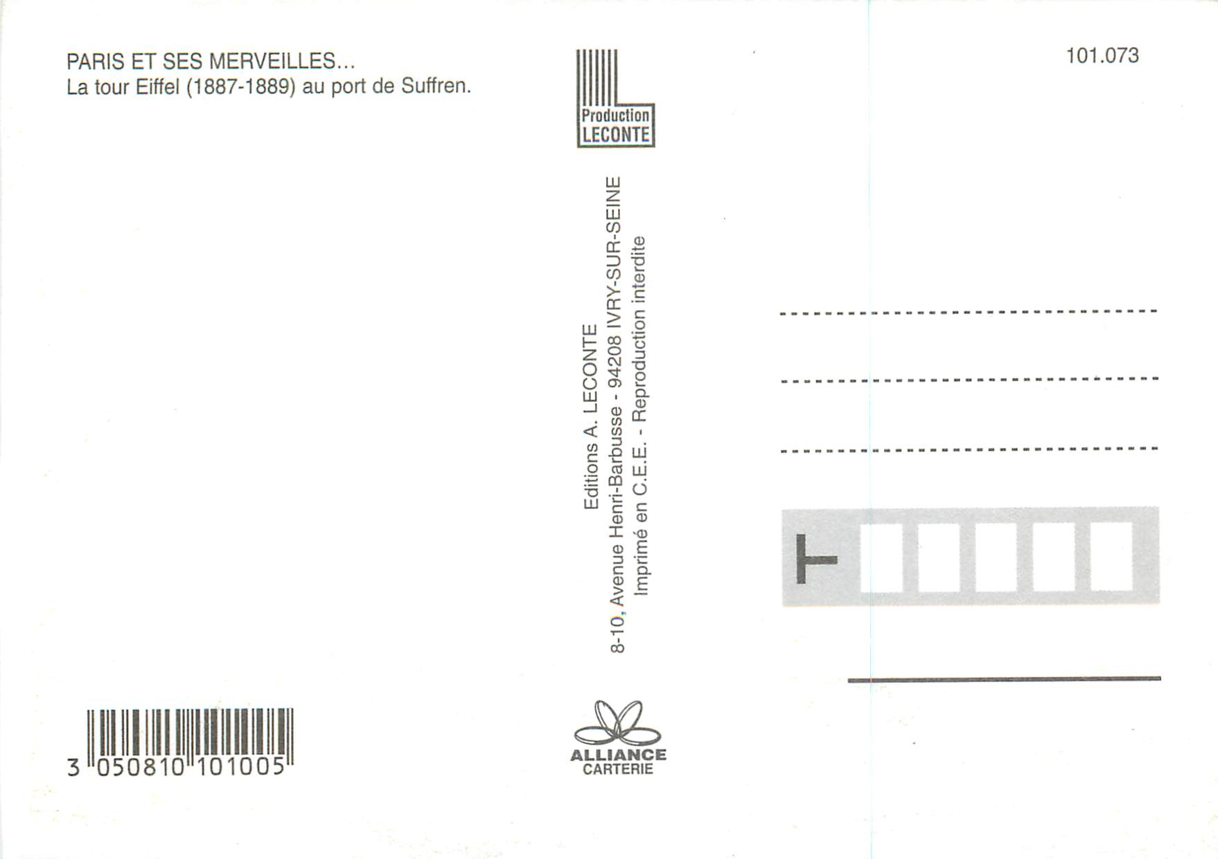 La tour Eiffel — 1887-1889 au port de Suffren — Editions A. LECONTE n°101.073 — Verso