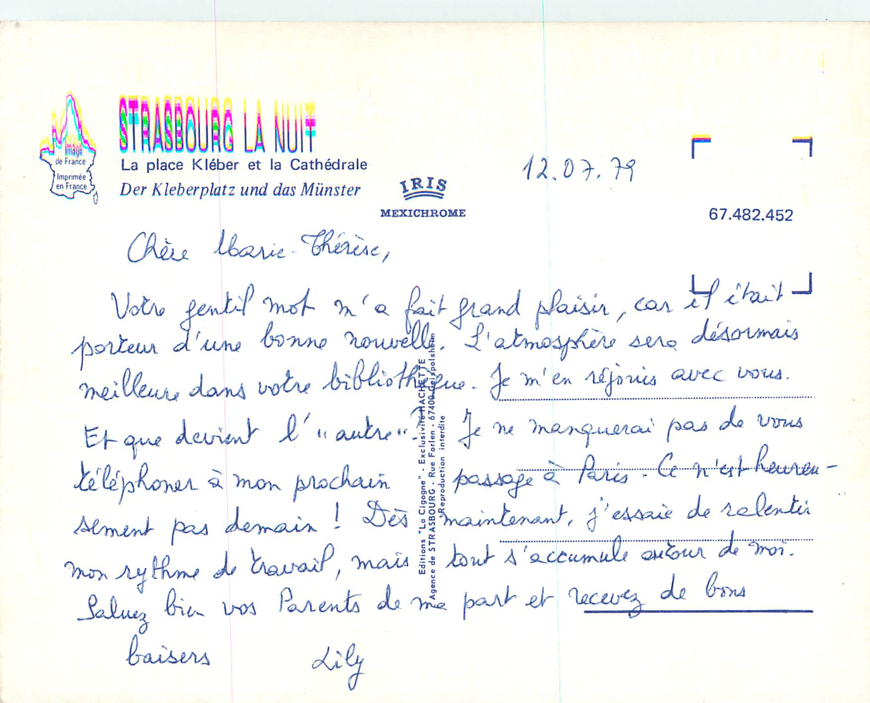 CPM Strassbourg la Nuit La Place Kleber et la Cathedrale — Rückseite