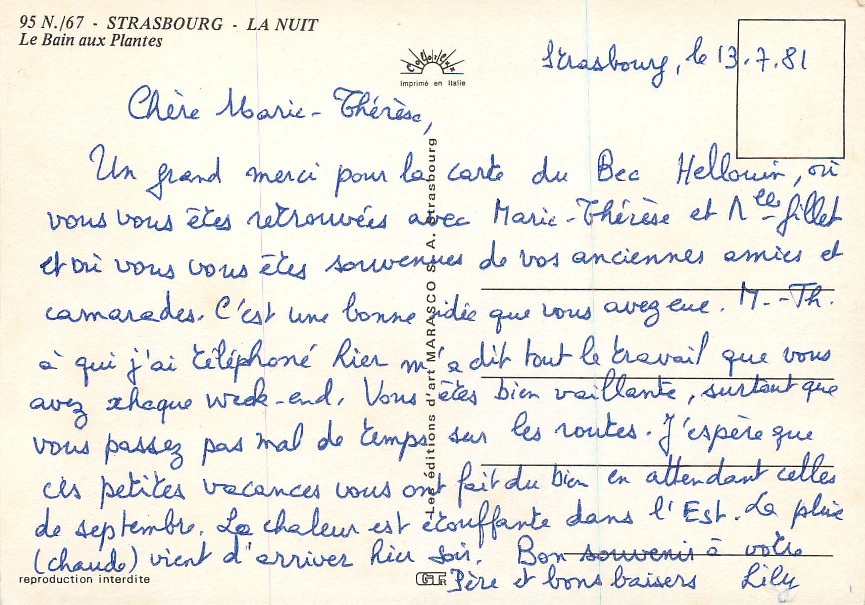 CPM Strassbourg la Nuit Le Bain aux Plantes — Verso