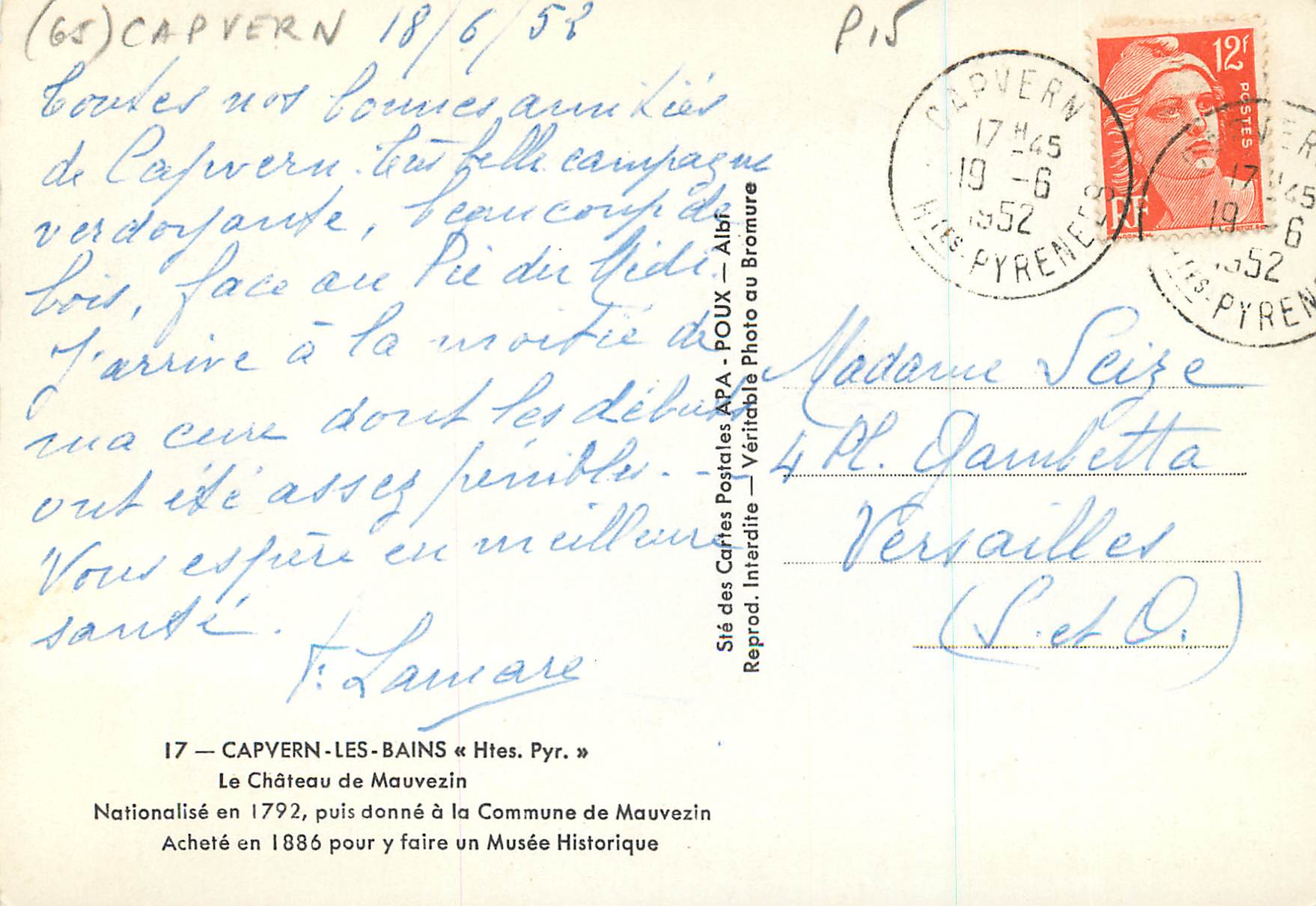 Le Château de Mauvezin — Capvern-les-Bains — éditeur APA — Verso