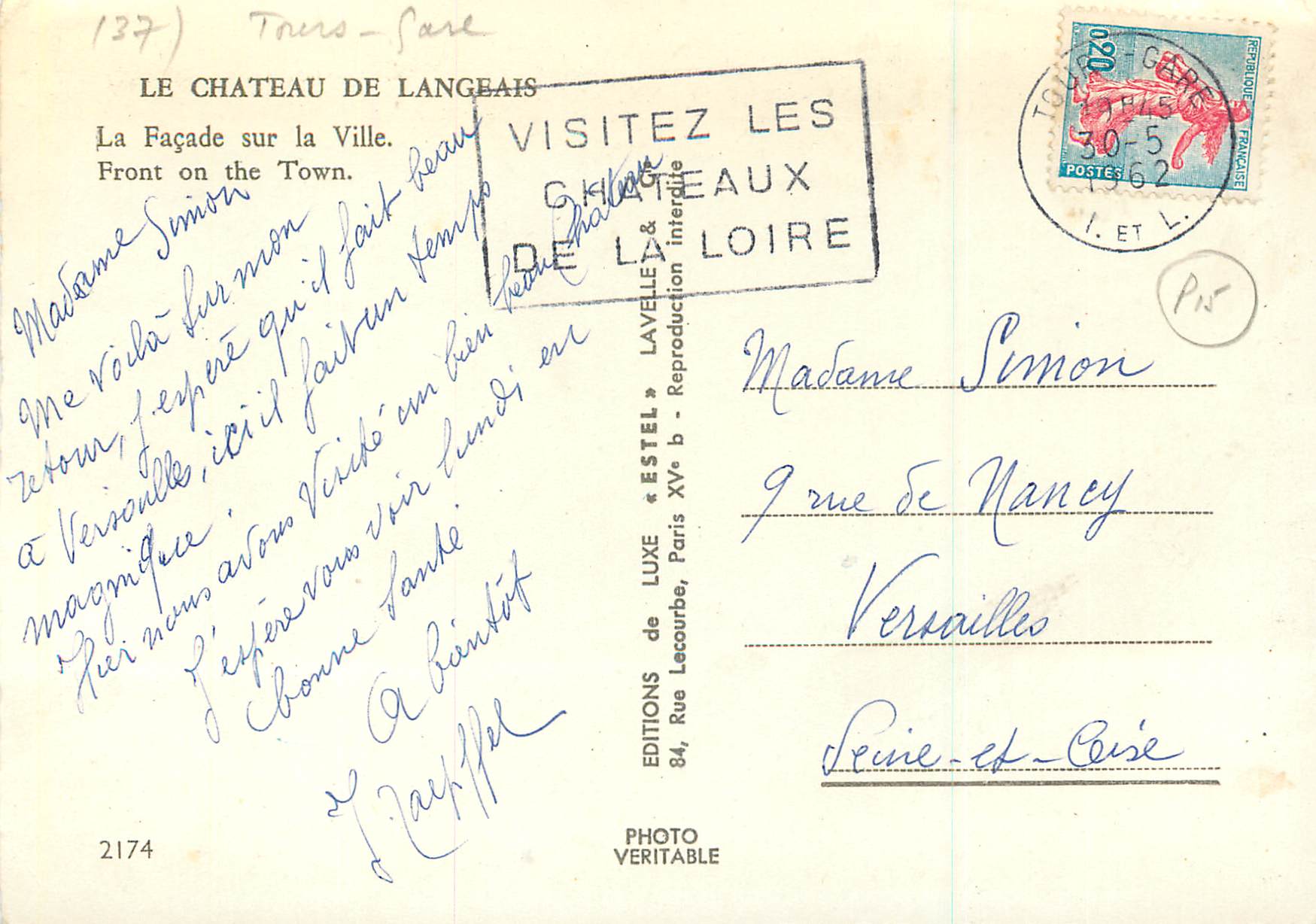 CPM Le Chateau de Langeais La Facade sur la Ville — Rückseite
