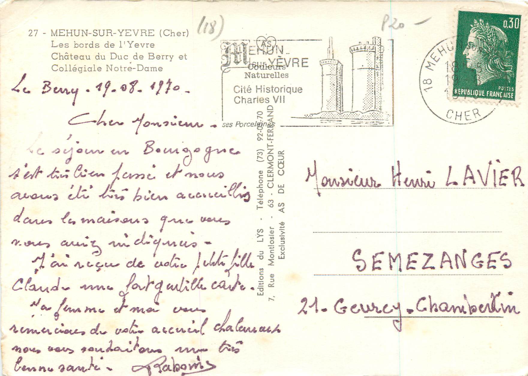 Les bords de l'Yèvre — Château du Duc de Berry et Collégiale Notre-Dame — Éditions AS Cœur — Verso