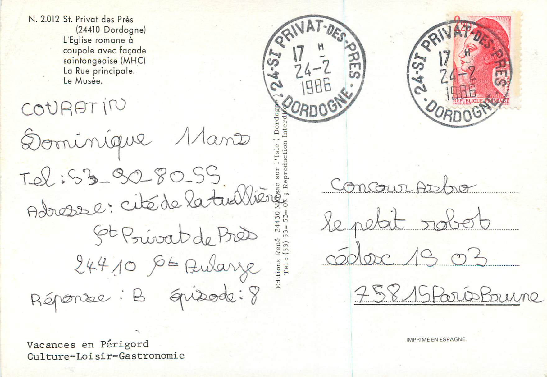 St-Privat-des-Près — Romanesque church and village streets — Editions René, N°2012 — Back