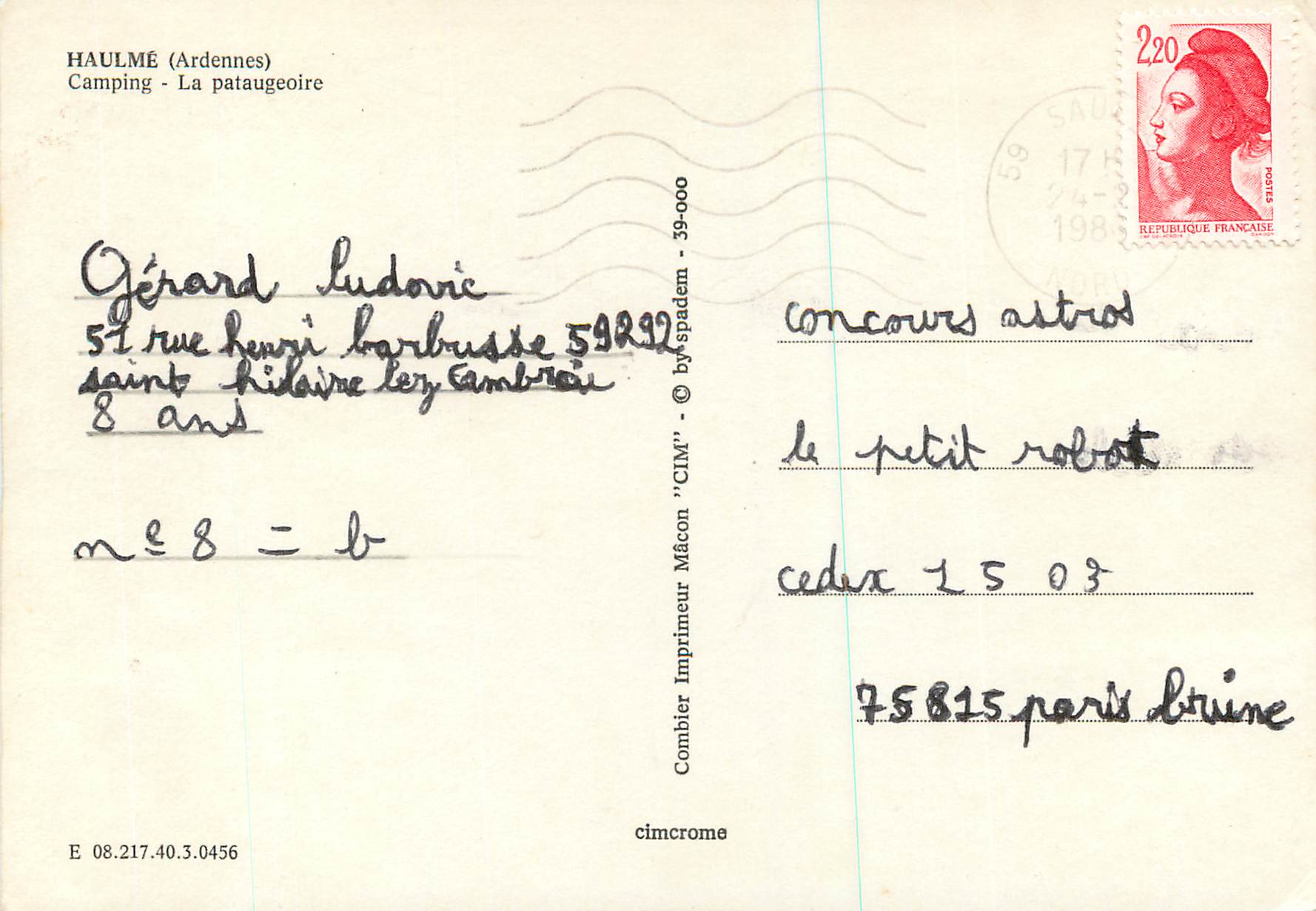 CPM Haulme (Ardennes) Camping La Pataugeoire — Rückseite
