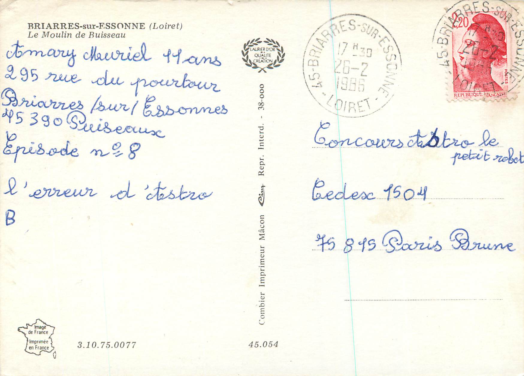 CPM Briarres sur Essonne (Loiret) Le Moulin de Buisseau — Rückseite