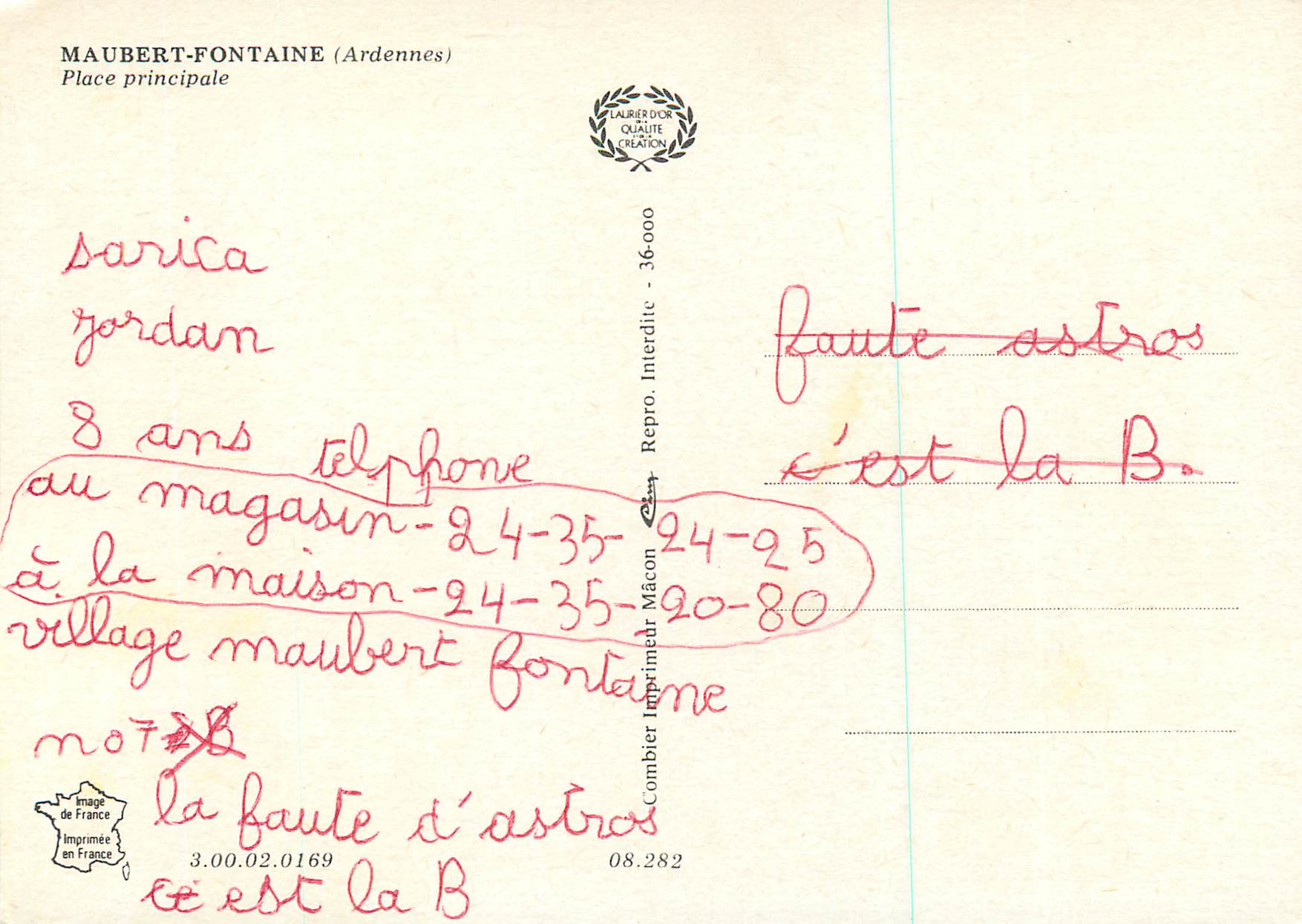 CPM Maubert Fontaine (Ardennes) Place Pricipale — Rückseite