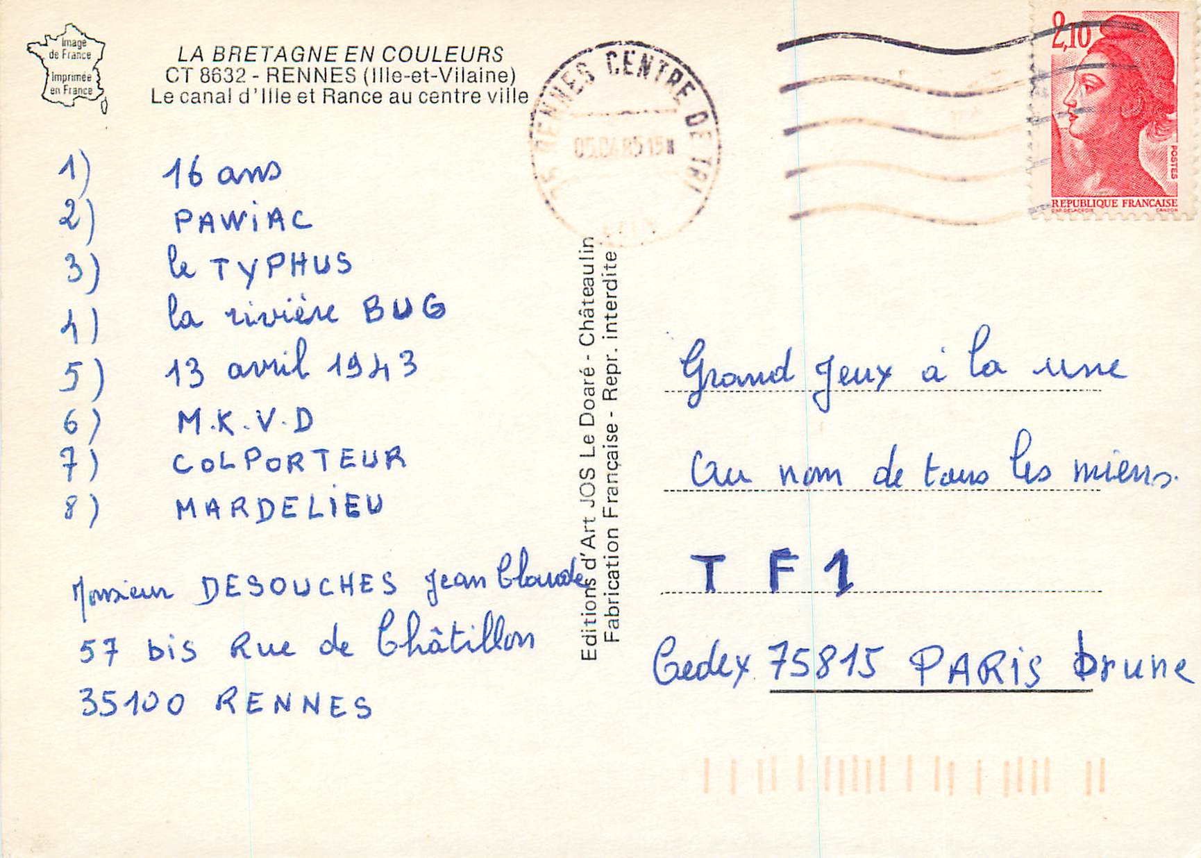 Le canal d'Ille et Rance au centre-ville — La Bretagne en couleurs — Éditions d'Art JOS — Rückseite