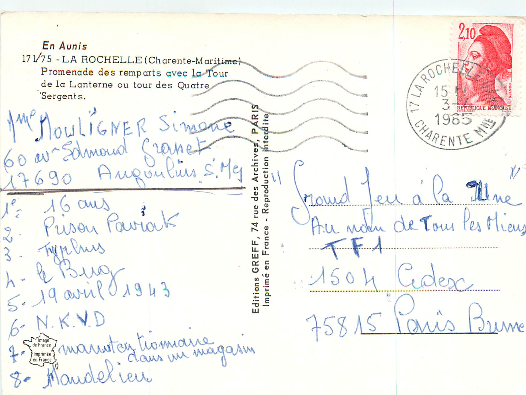 CPM En Aunis La Rochelle (Charente Maritime) Promenade des Remparts — Verso