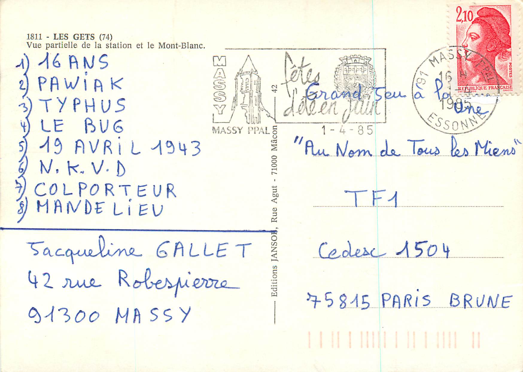 Les Gets (74) — Teilansicht der Station und der Mont-Blanc — Éditions JANSOL, MASSY P PAL — Rückseite