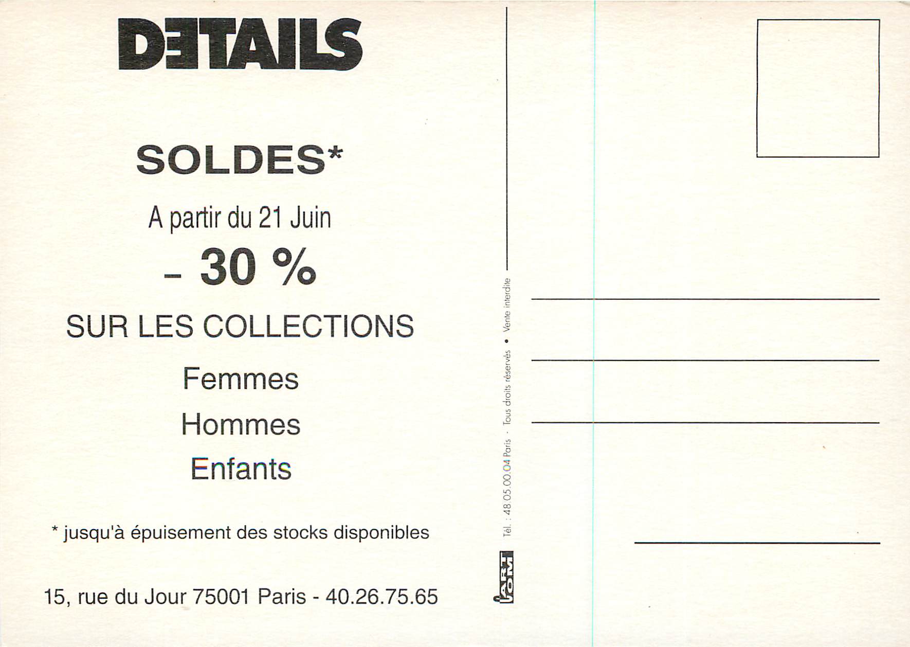 CPM Details Soldes sur les Collections Femmes Hommes Enfants — Verso