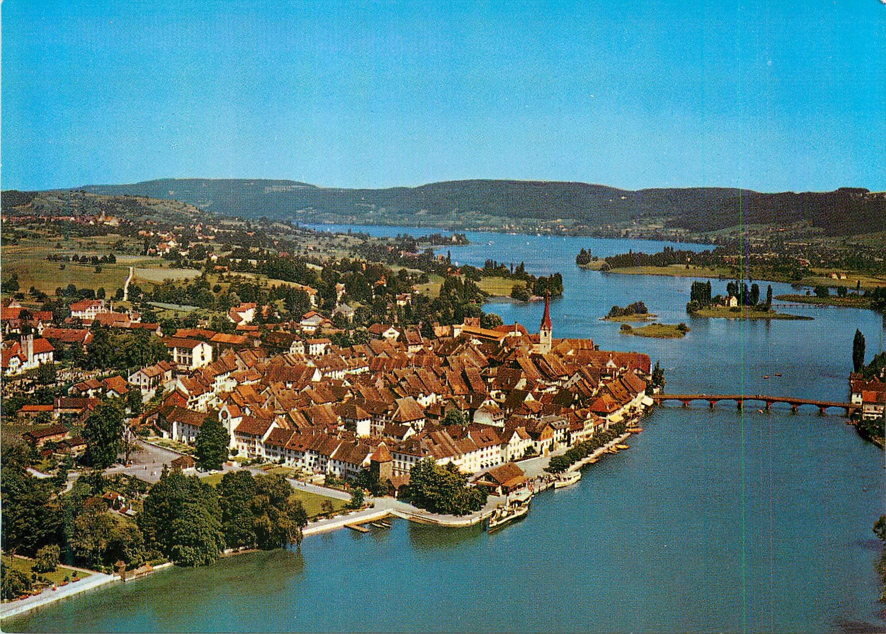 Stein am Rhein — vue aérienne avec île Werd et lac Untersee — foto Gross, St Gallen