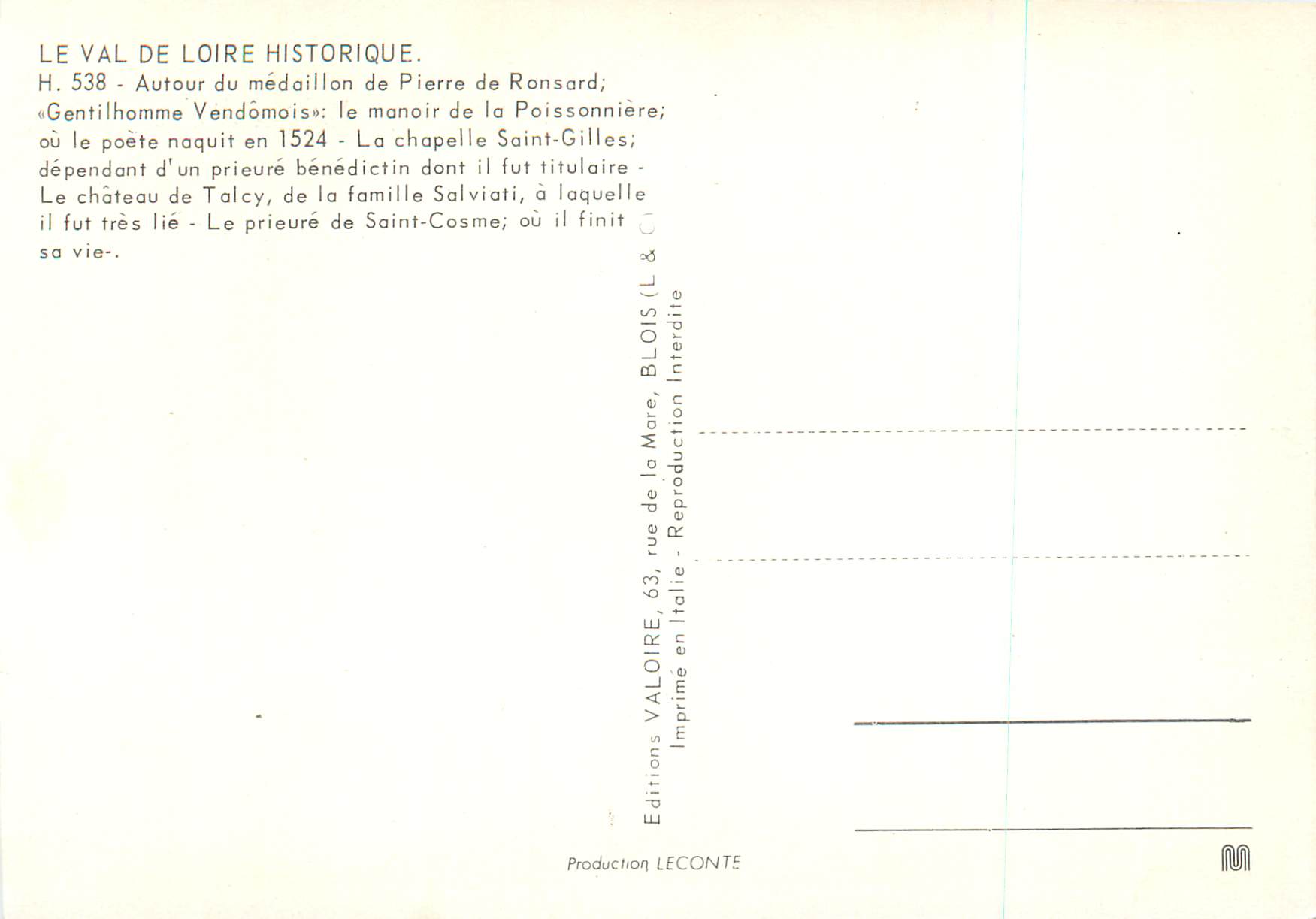 CPM Ronsard 1525 1585 Le Val de Loire Historique — Rückseite
