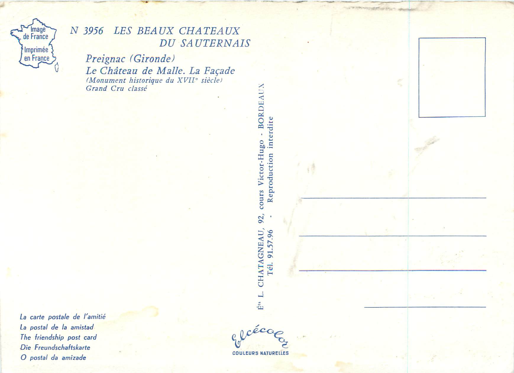 Château de Malle — Preignac (Gironde) — Éditeur Elcée, N° 3956 — Verso