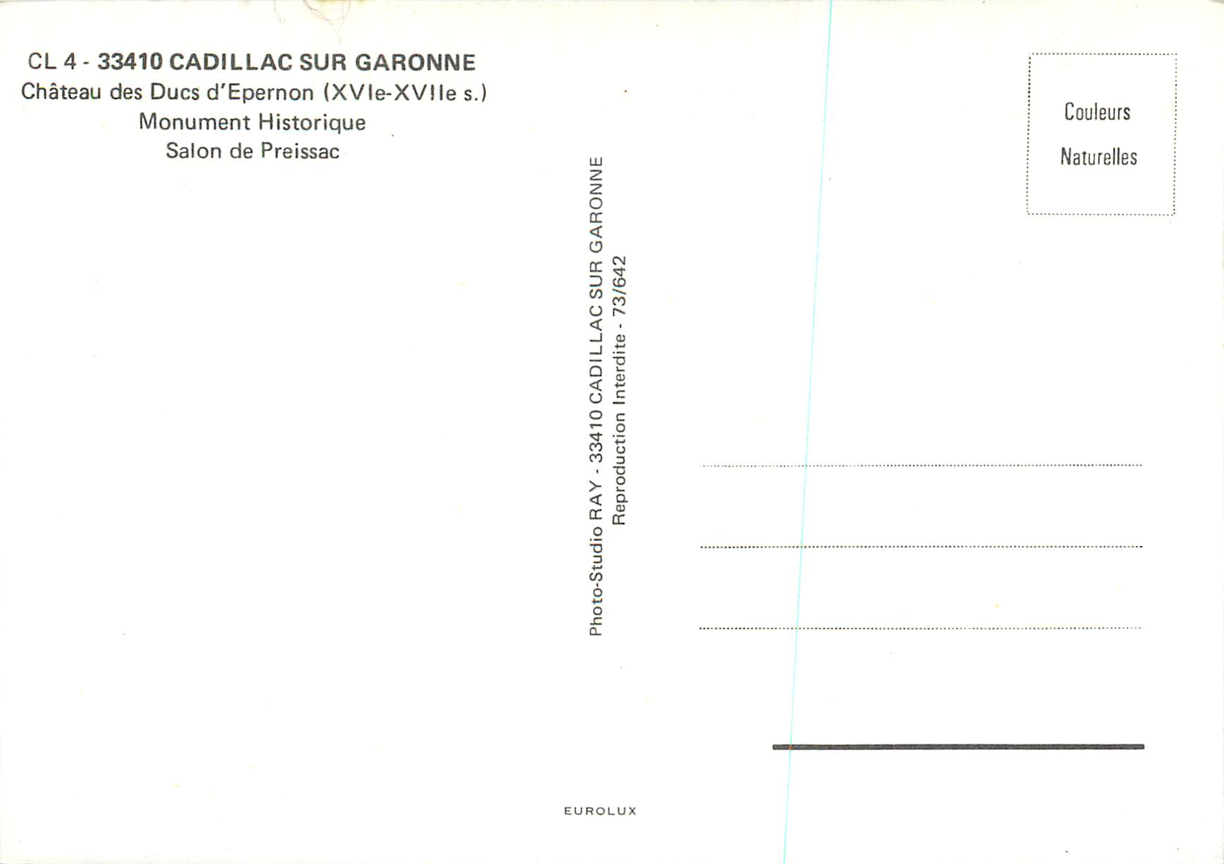 CPM Cadillac sur Garonne Chateau des Ducs d'Epernon (XVIe XVIIe S) Monument Historique Salon de Preissac — Back