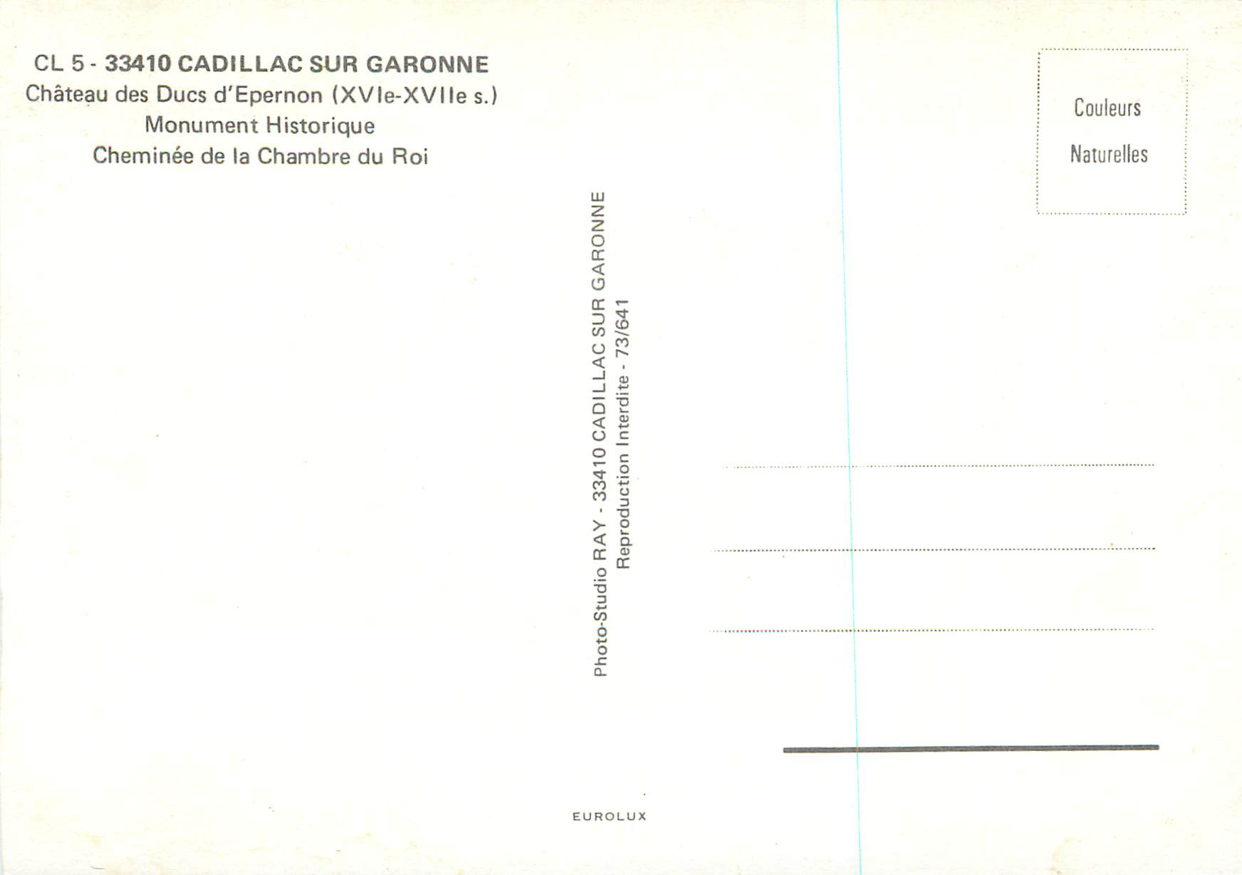 CPM Cadillac sur Garonne Chateau des Ducs d'Epernon (XVIe XVIIe S) Monument Historique Cheminee de la Chambre du Roi — Back