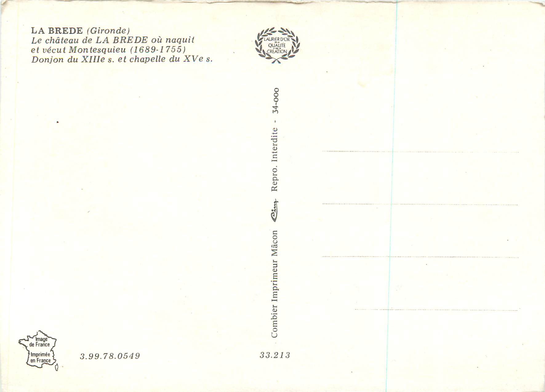 Château de La Brède — Gironde — Éditeur Cinq — Rückseite