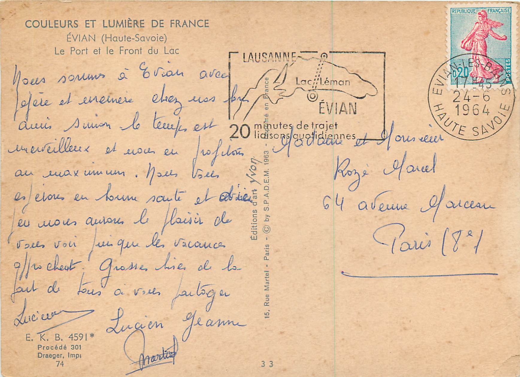 Évian (Haute-Savoie) — Le Port et le Front du Lac — Éditions d'art Jyvon — Reverso