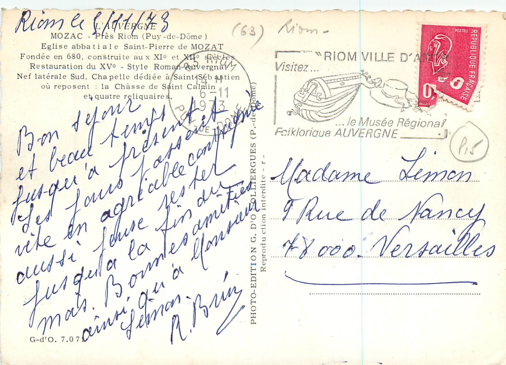 CPM Mozac L'Auvergne Pres Riom (Puy de Dome) Eglise Abbatiale Saint Pierre de Mozat — Rückseite