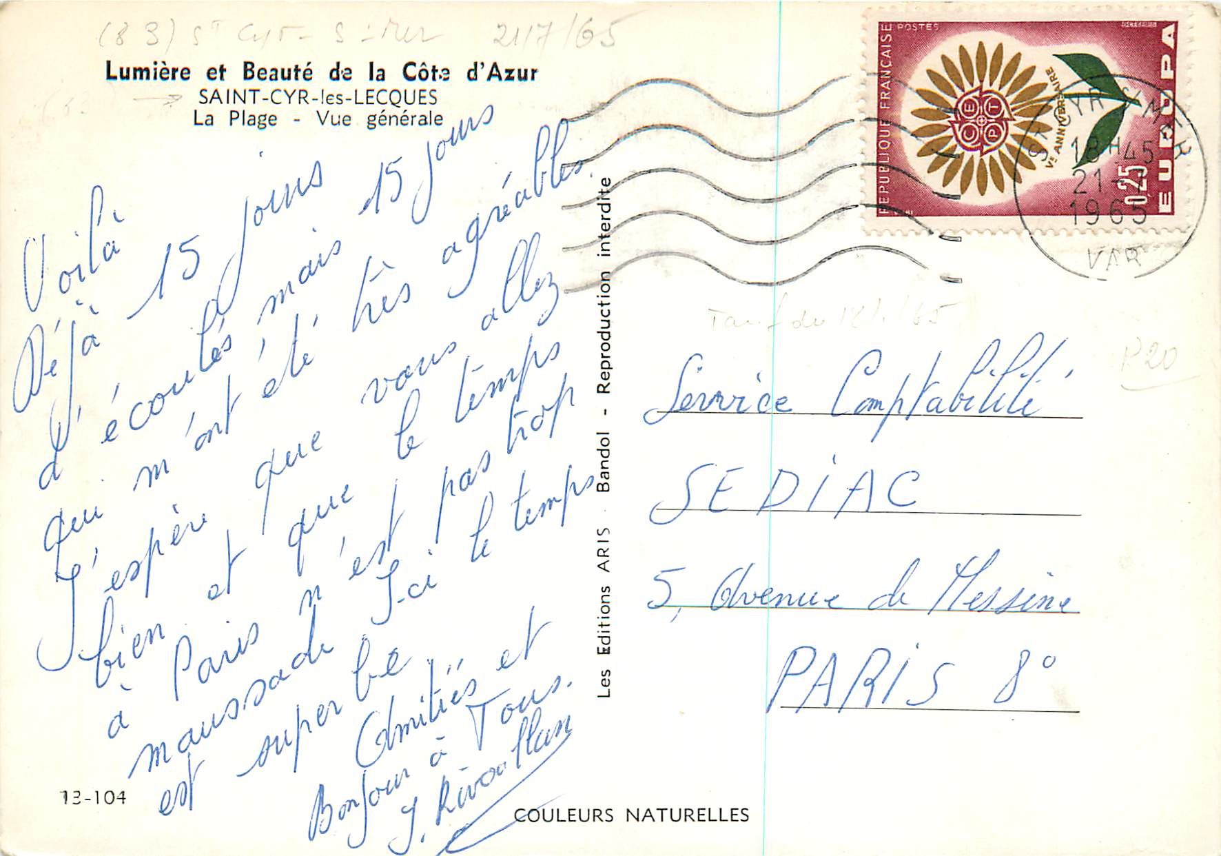 CPM Saint Cyr les Lecques Lumiere et Beaute de la Cote d'Azur La Plage vue Generale — Rückseite
