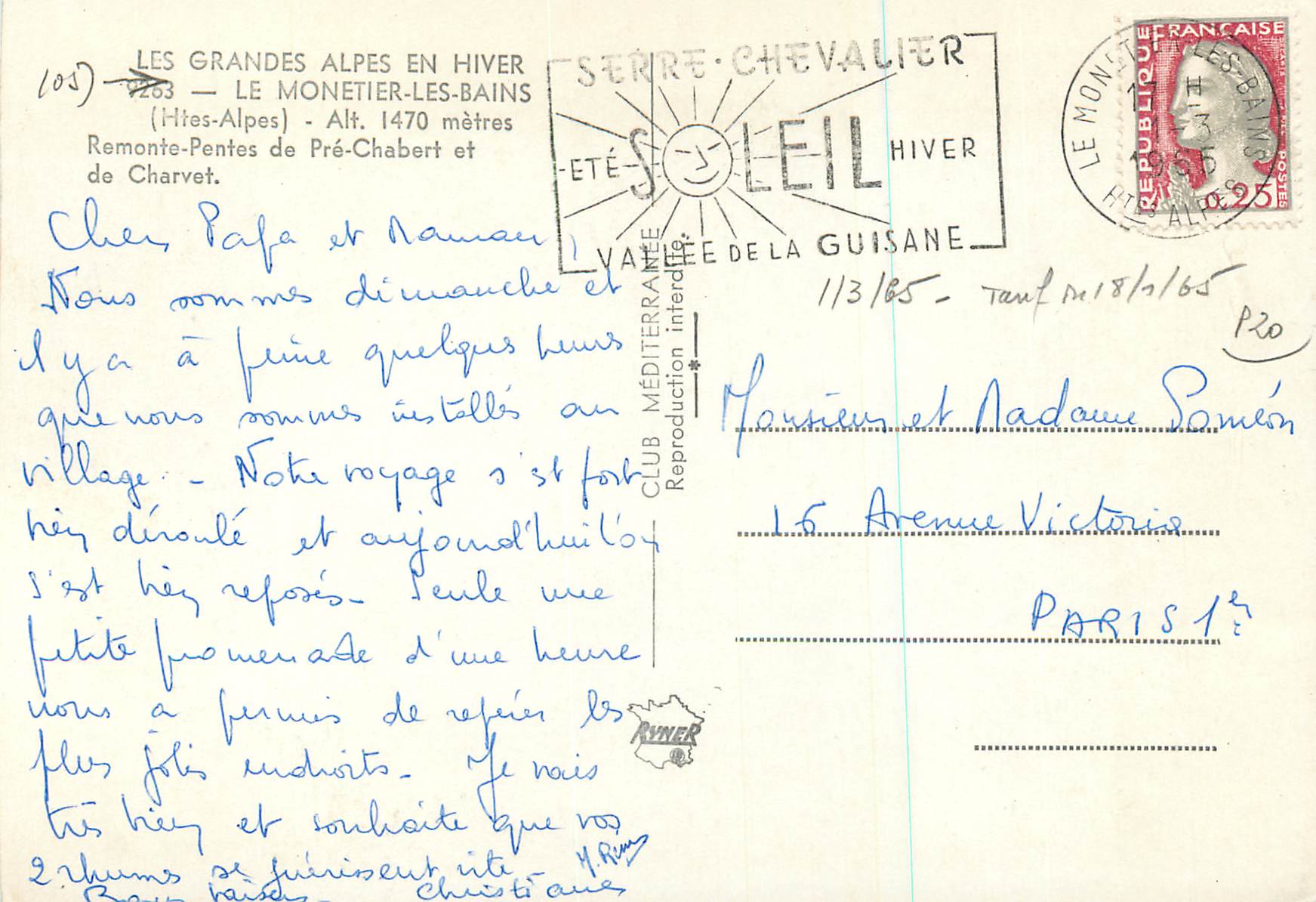 Les Grandes Alpes en hiver — Le Monetier-les-Bains — Alt. 1470 mètres — Club Méditerranée — Reverso