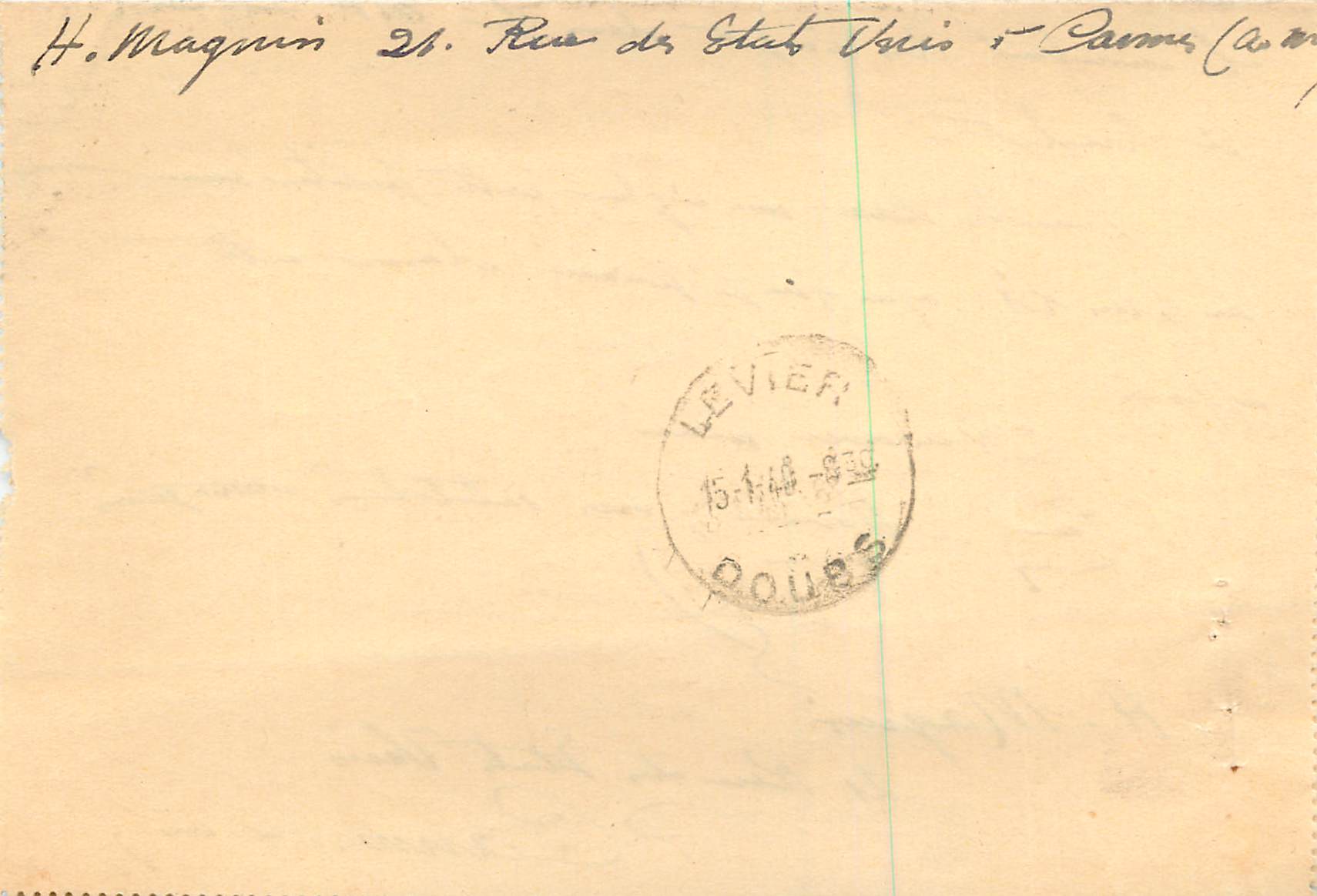 Lettre Entier Cannes pour Levier Doubs 1940 Type Iris 1f (coupé) — Rückseite