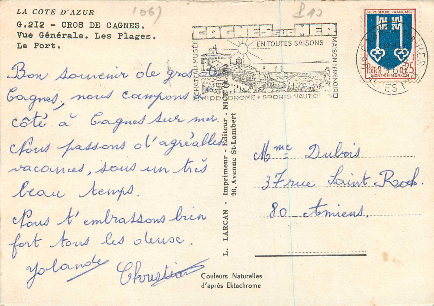CPM Souvenir du Cros de Cagnes La Cote d'Azur Vue Generale Les Plages Le Port — Verso