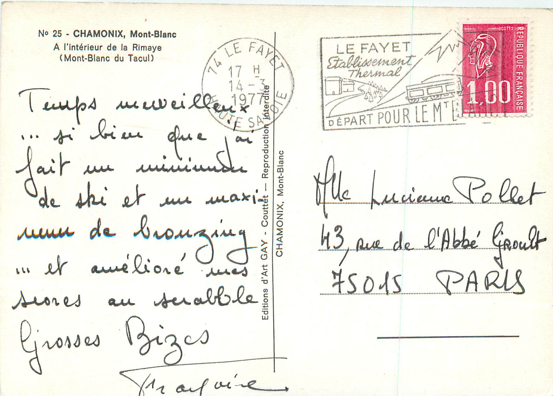 CPM Chamonix Mont Blanc A L'Interieur de la Rimaye — Verso