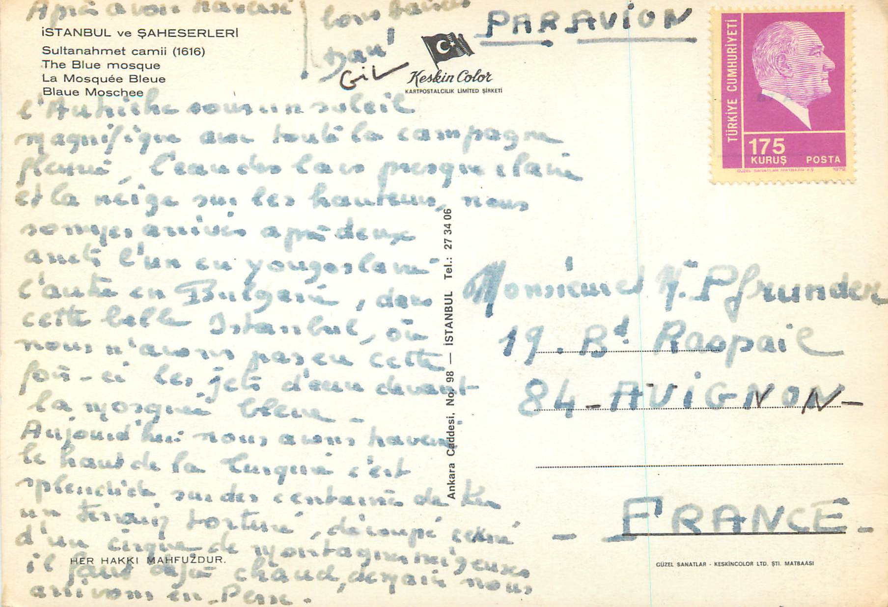 CPM Istanbul ve Saheserlerl La Mosquee Bleue — Verso