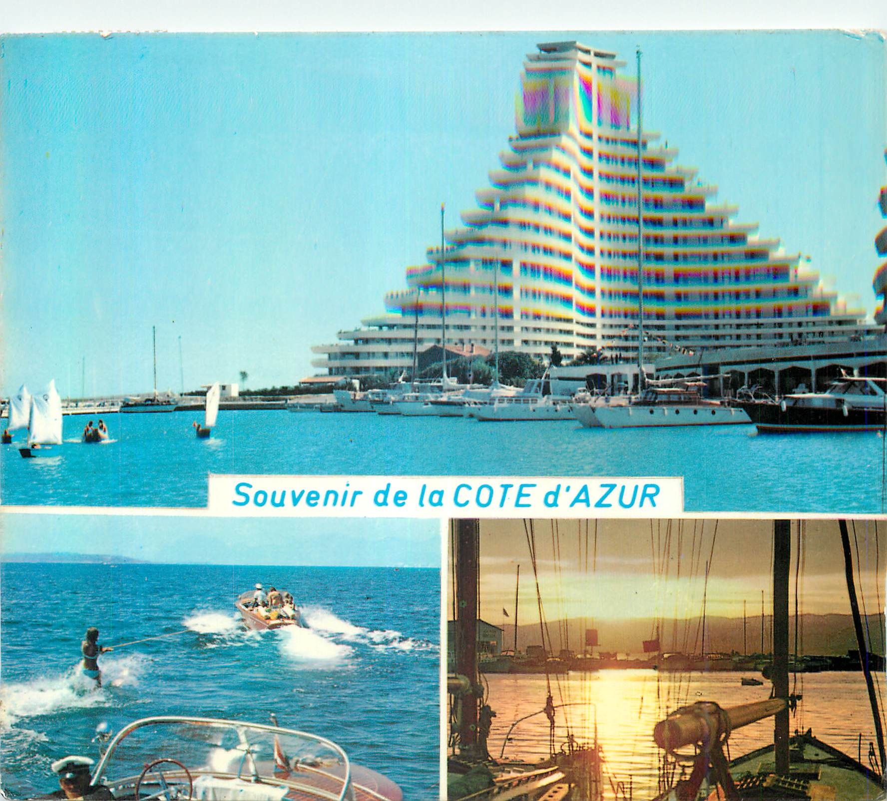 CPM Souvenir de la Cote d'Azur Le Port de Marina Baie des Anges Joies de la Mer Bargues des Pecheurs au Crepuscule