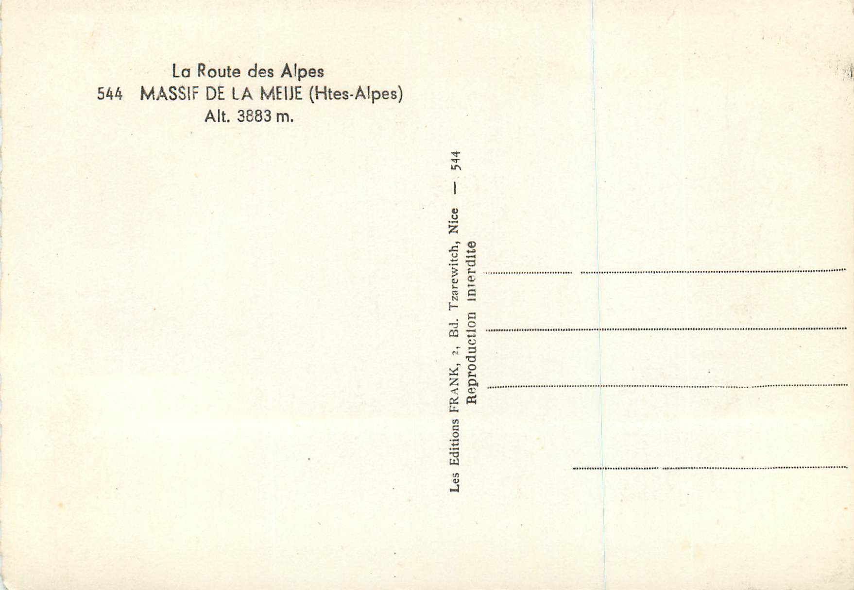 Massif de la Meije — Alt. 3883 m. — Éditions FRANK, Nice — Rückseite