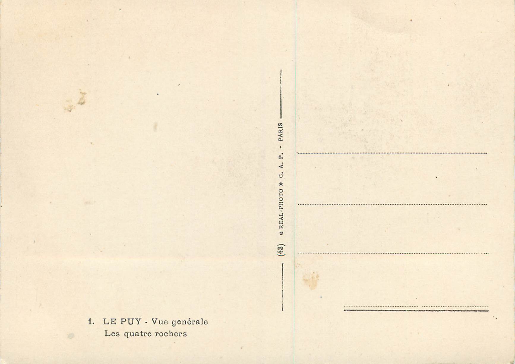 Le Puy - Vue générale — Les quatre rochers — « REAL-PHOTO » C.A.P. - PARIS — Verso