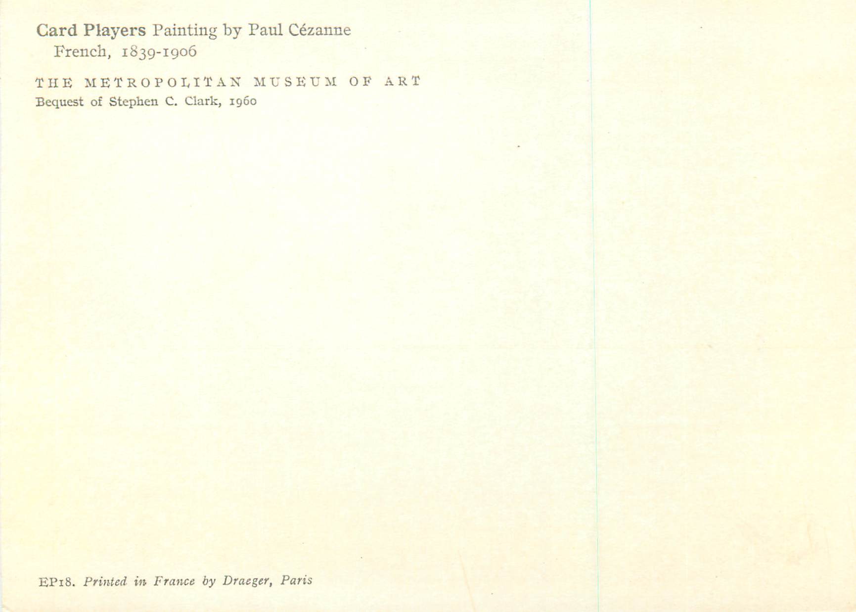 CPM The Metropolitan Museum of Art Bequest of Stephen C Clark 1960 Card Players — Verso