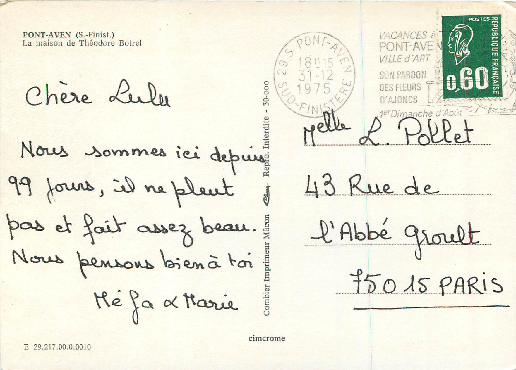 CPM Pont Aven (S Finist) La Maison de Theodore Botrel — Rückseite
