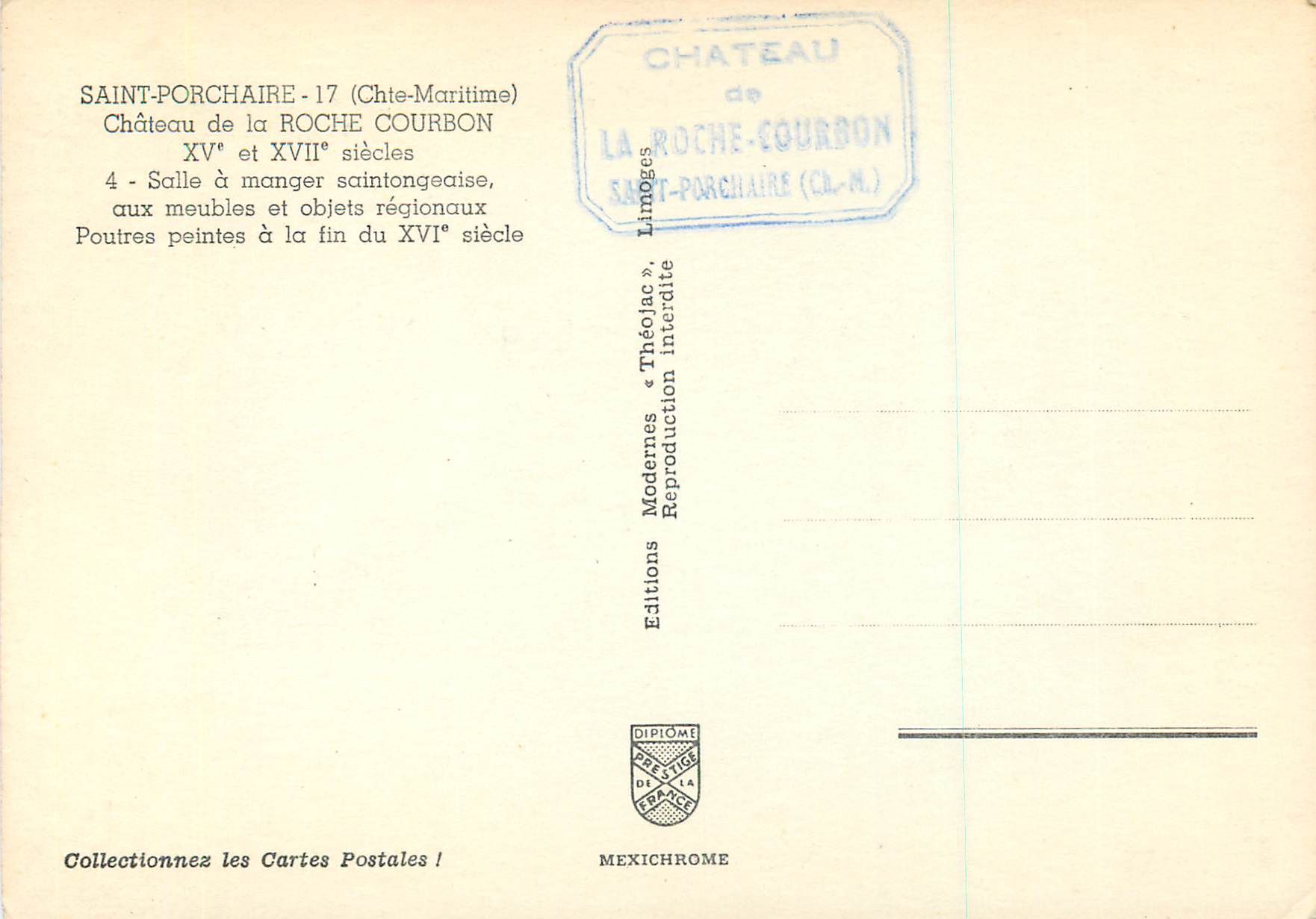 CPM Saint Porchaire (Chte Maritime) Chateau de la Roche Courbon XVe et XVIIe Siecles — Back