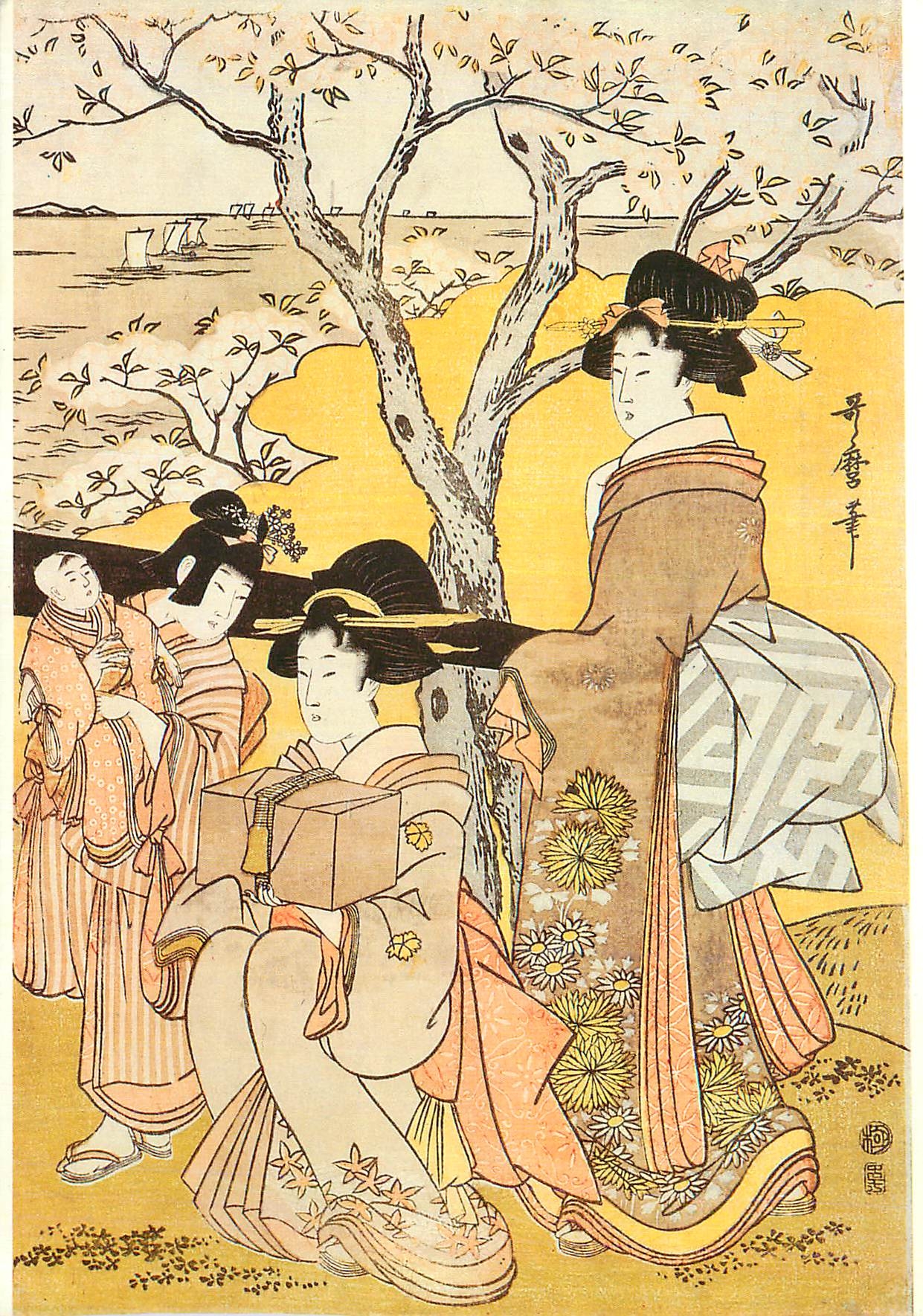 CPM Utamaro (1754 1806) Deux Jeunes Femmes et une  Fillette se Tiennent sous un Prunier avec des Cadeaux Galerie J et H 