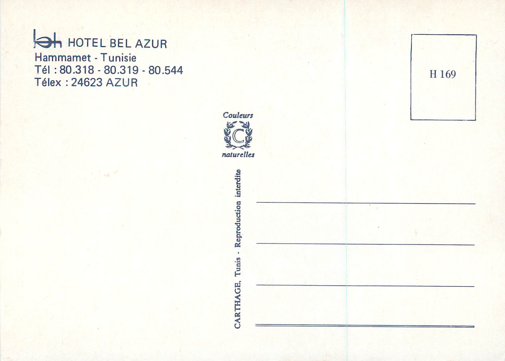 CPM Tunisie Hammamet Hotel Bel Azur — Rückseite