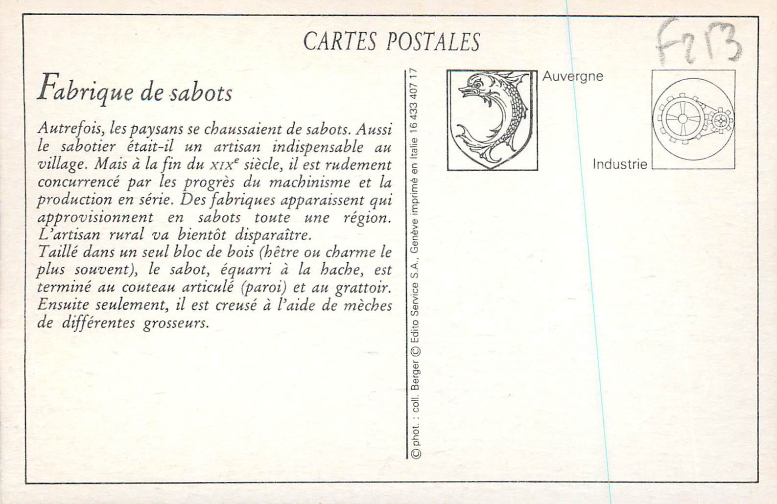 Intérieur d'une Fabrique de Sabots — Types d'Auvergne — Édito Service S.A. — Verso