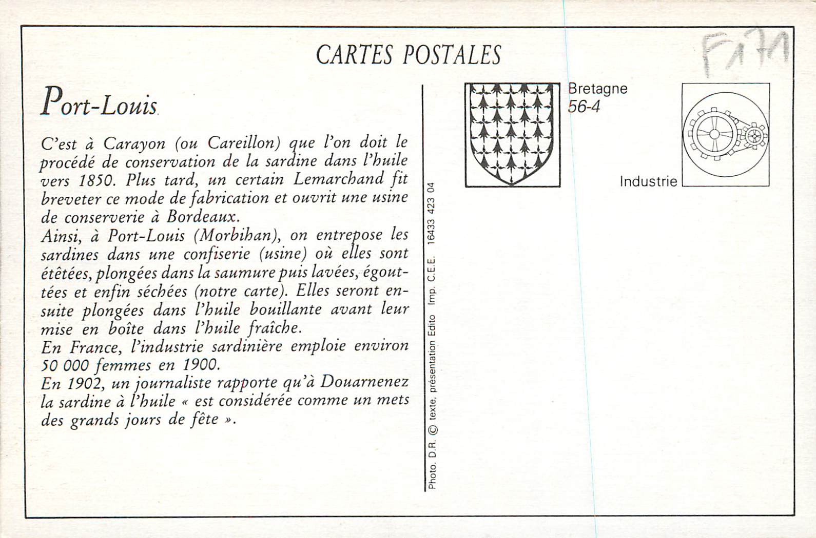 Port-Louis — Femmes des Usines mettant leurs sardines à sécher — Éditeur Imp. C.E.E. n° 601 — Rückseite