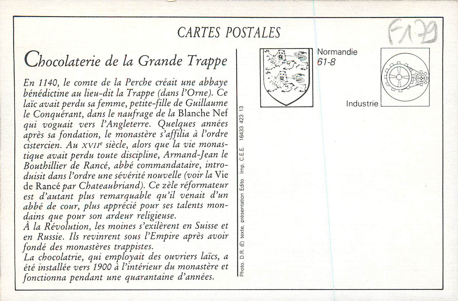 REPRO Grande Trappe Nouvelle Collection de 25 Sujets 1925 Interieur de la Chocolaterie — Back