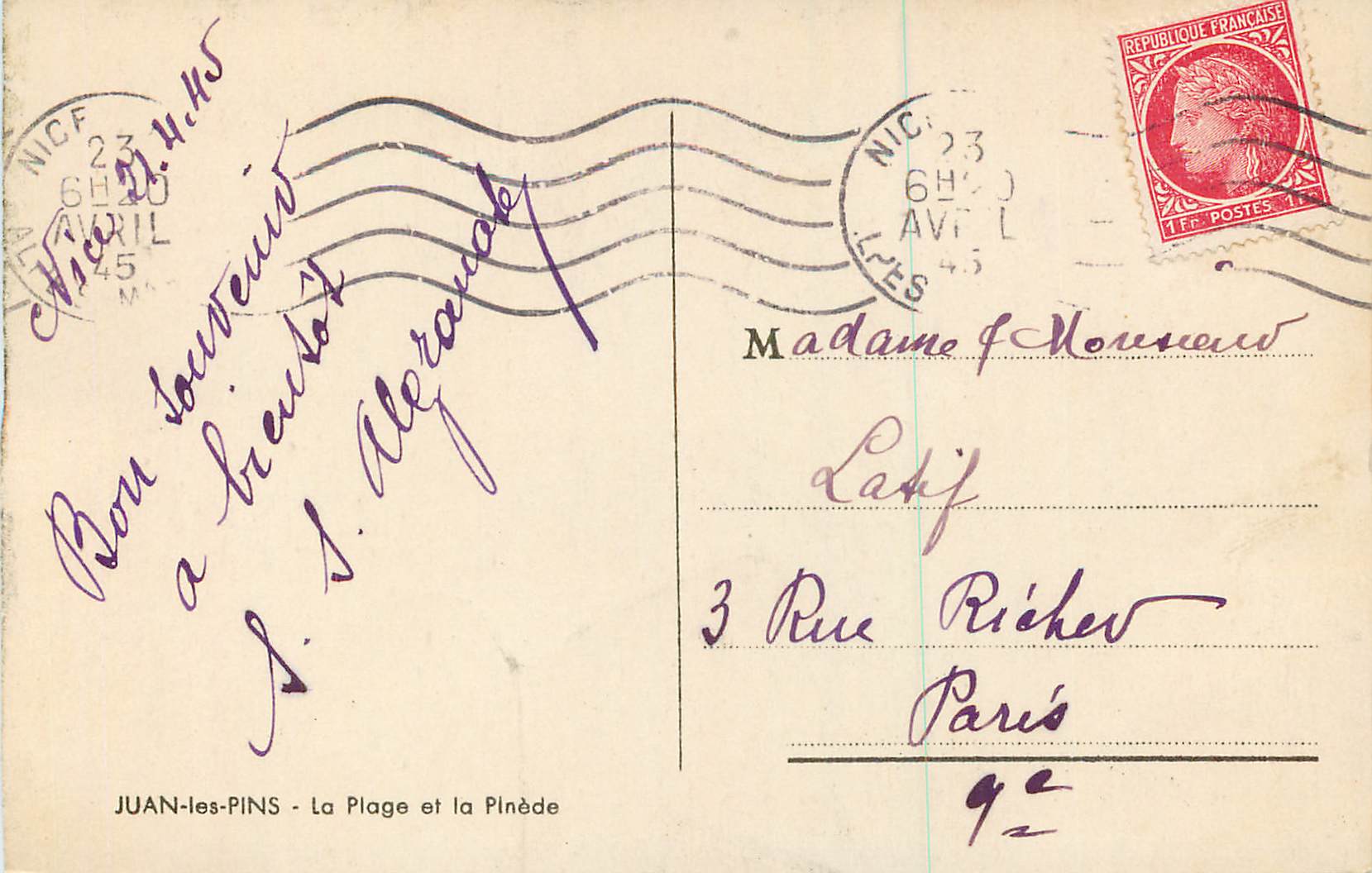 CPA Juan les Pins La Plage et la Pinede — Rückseite