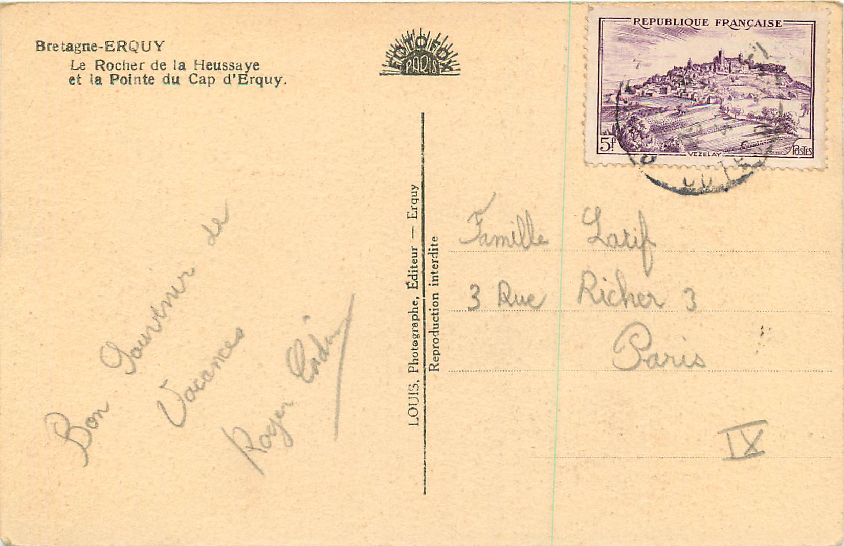 CPA Bretagne Erquy Le Rocher de la Heussaye et la Pointe du Cap d'Erquy — Rückseite