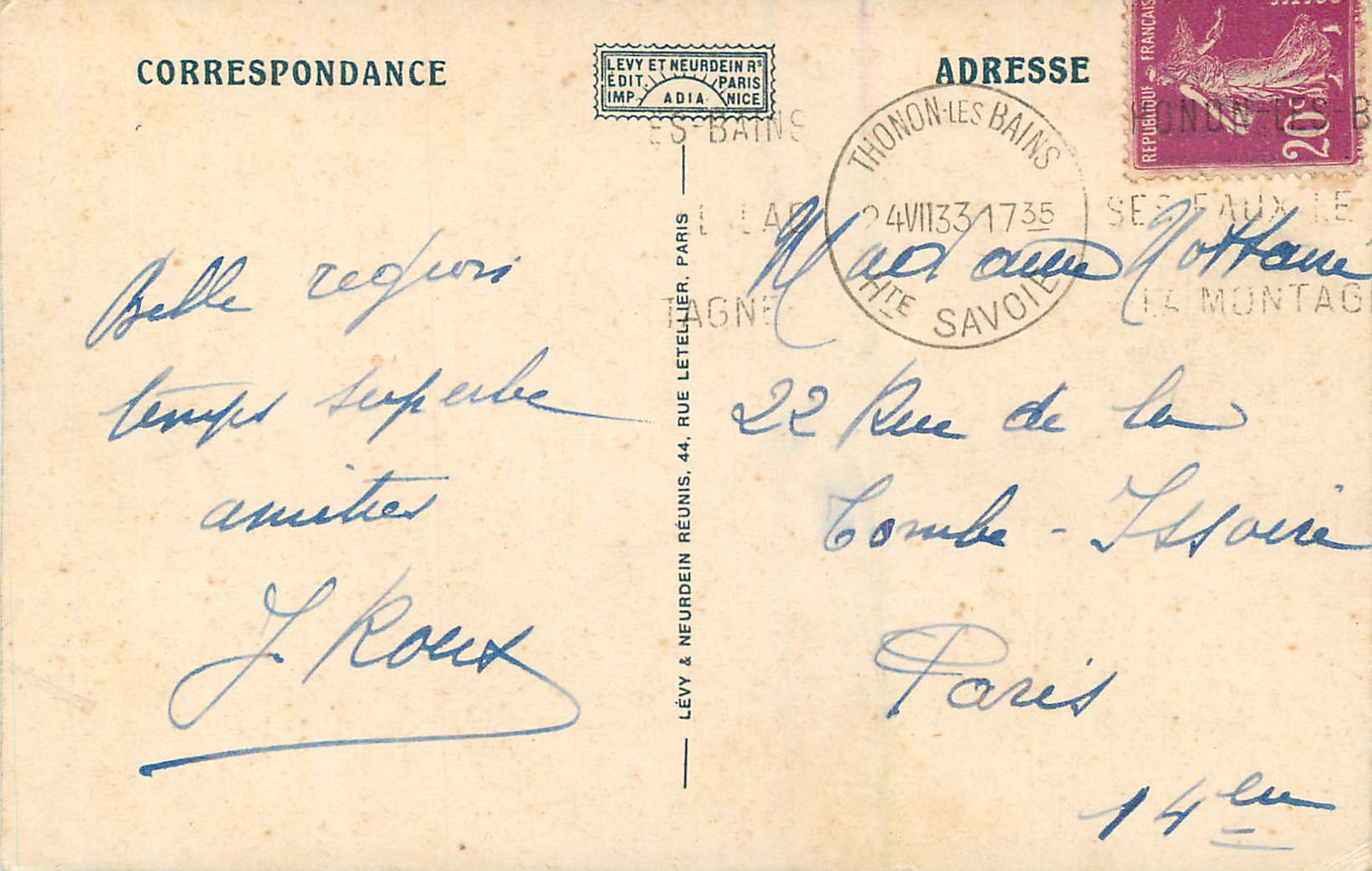Thonon-les-Bains — Le Port et le Lac vus de l'Hôtel des Bains — Lévy & Neurdein, n°237 — Verso