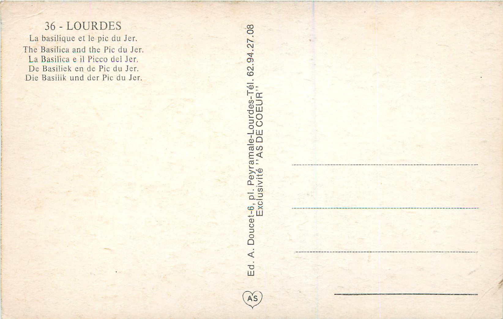 CPM Lourdes La Basilique et le Pic du Jer — Verso