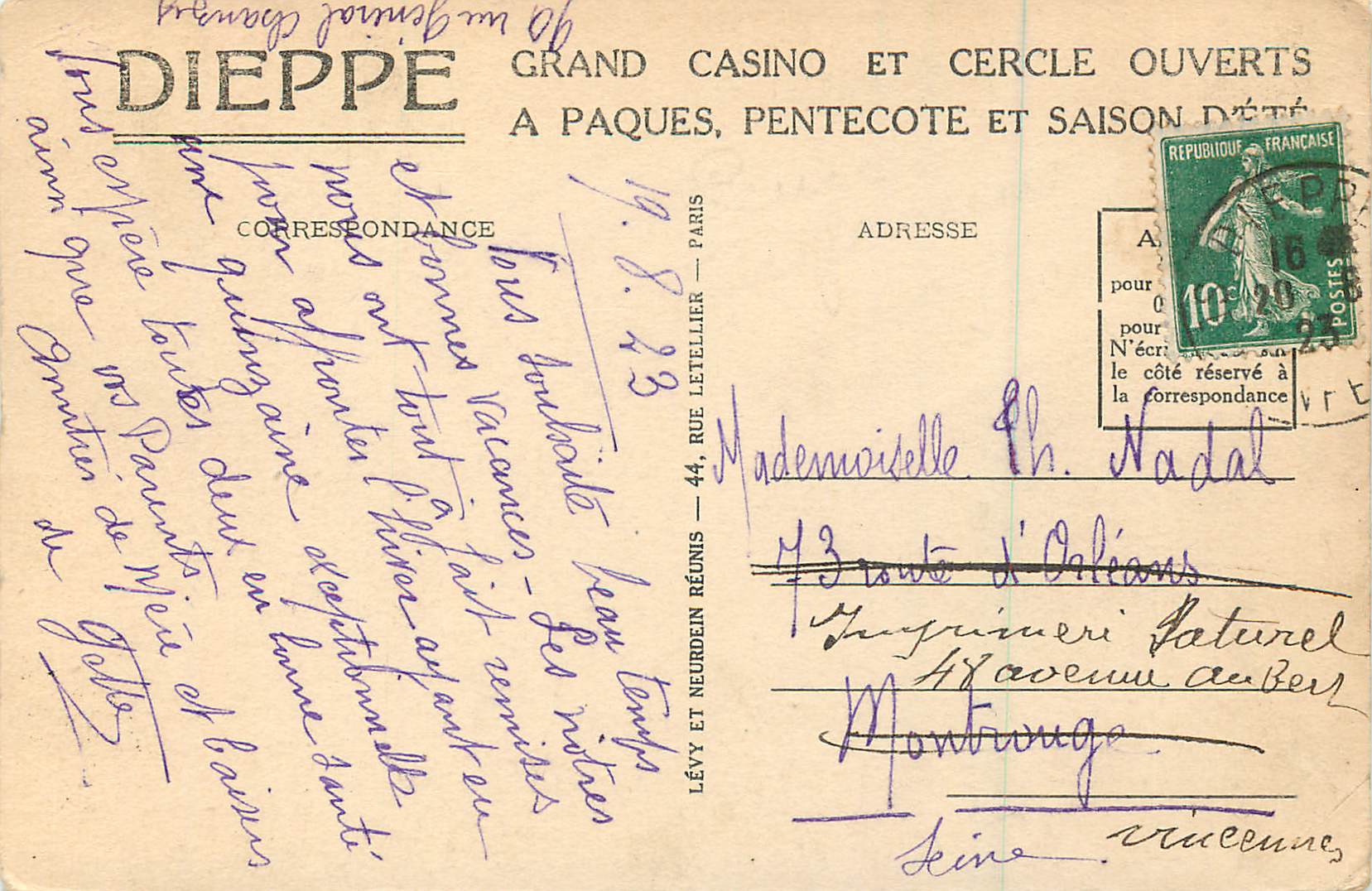 CPA Dieppe Le Casino et les Falaises — Rückseite