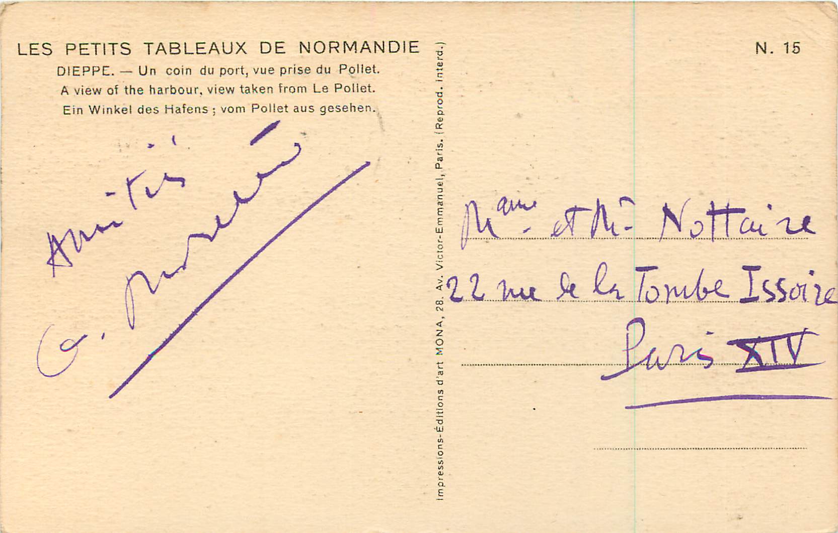CPA Dieppe Les Petits Tableaux de Normandie Un Coin du Port Vue Prise du Poliet Bateau — Verso