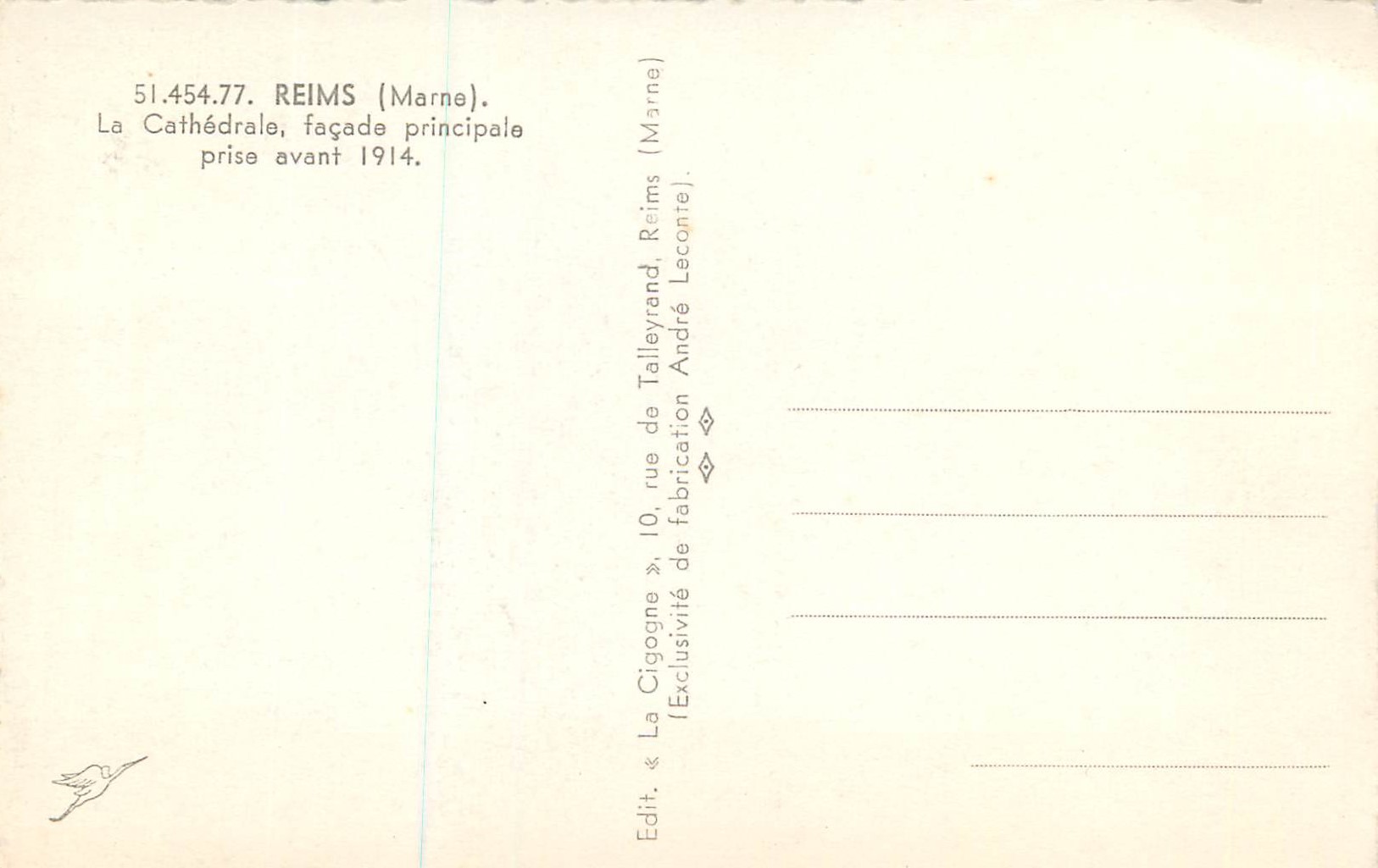 Reims — Cathédrale, façade principale — La Cigogne, n°51.454.77 — Rückseite